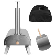 George Foreman Outdoor 12 Inch Wood Pellet Portable Wood Fired Pizza Oven Stainless Steel with Paddle and Carry Bag, BBQ Oven & Smoker, Foldable Legs