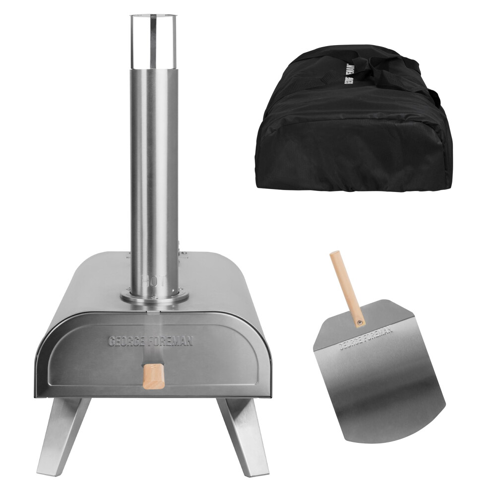 George Foreman Outdoor 12 Inch Wood Pellet Portable Wood Fired Pizza Oven Stainless Steel with Paddle and Carry Bag, BBQ Oven & Smoker, Foldable Legs