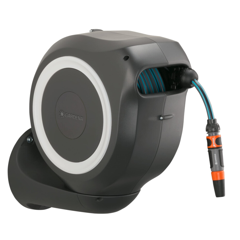 Gardena Wall-Mounted Hose Box Rollup M 20 m: Flexible Watering for Medium-Sized Gardens, Swivel Hose Reel, with Wall Bracket, System Parts and Nozzle,