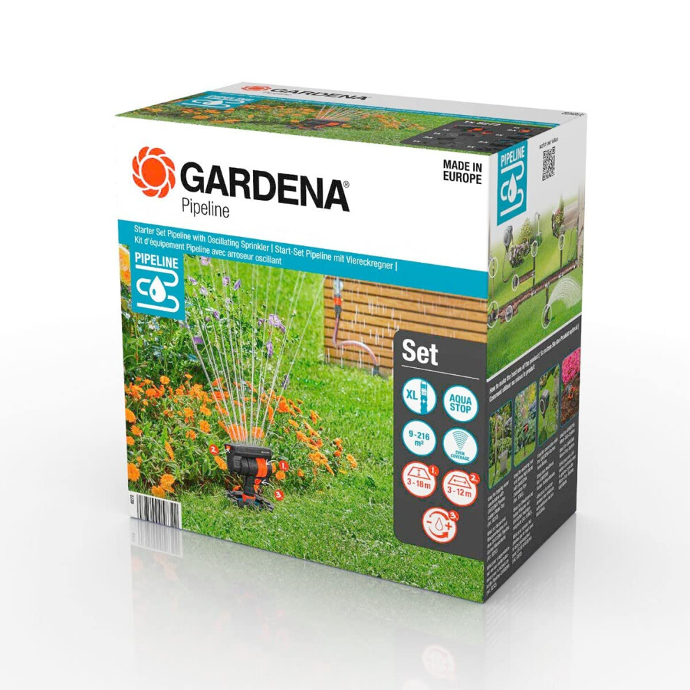 Gardena Sprinkler System Starter Set Pipeline with Oscillating Sprinkler: Complete starter set for the pipeline system, water intake all around the