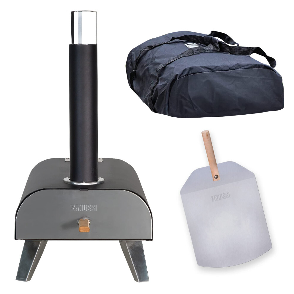 Zanussi ZPO1BPC Outdoor 12 Inch Wood Pellet Portable Wood Fired Pizza Oven with Paddle and Cover in Black, BBQ Oven & Smoker, Stainless Steel Foldable