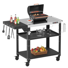 PARGRILL Outdoor Grill Dining Cart, 3-Tier BBQ Table, Movable Food Prep Table with Foldable Tabletop, Stainless Steel Pizza Oven Table with 4 Swivel