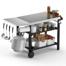 onlyfire BBQ Trolley Food Prep Table Stainless Steel, Flattop Worktable with Side table, Two-Layer Steel Storage Shelves and Utensil Holder