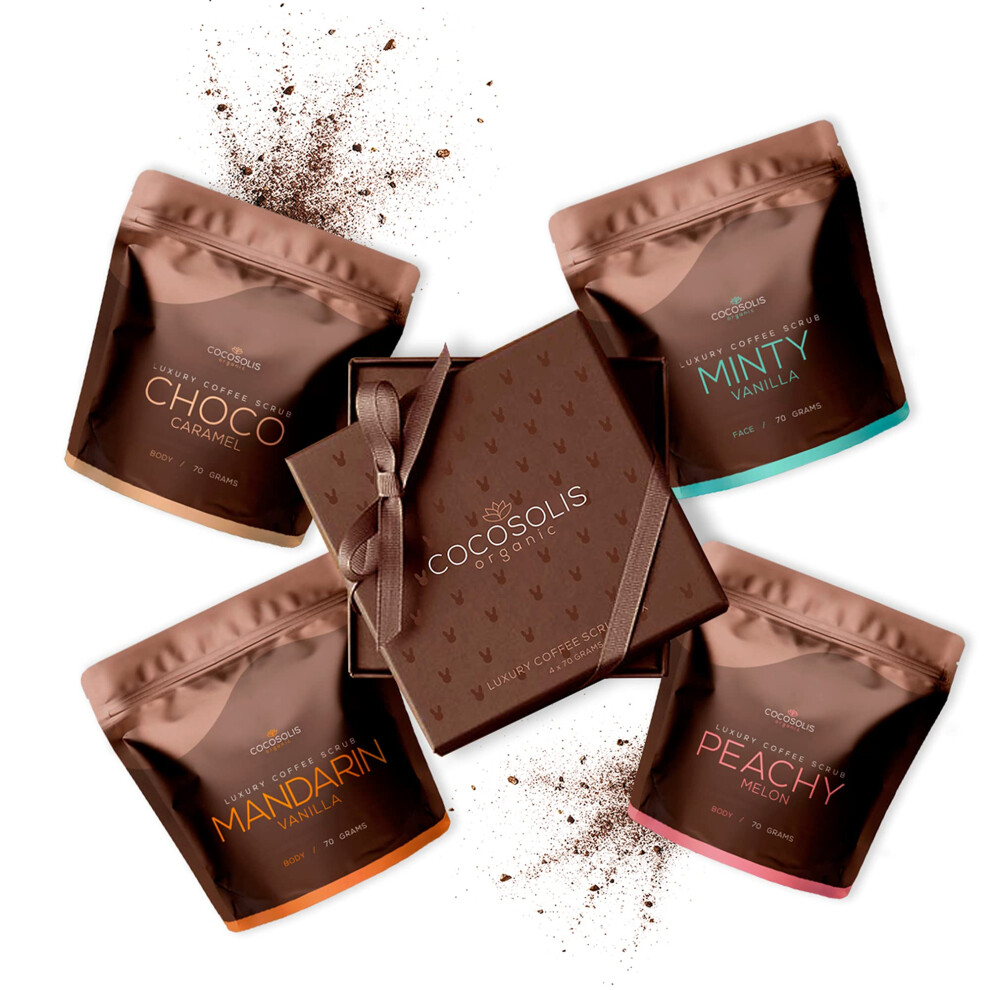 Cocosolis Luxury Coffee Scrub | Luxurious Box With 4 Natural, Organic Scrubs For Your Face & Body| Smoothes Skin Imperfections| Intensely Hydrates And