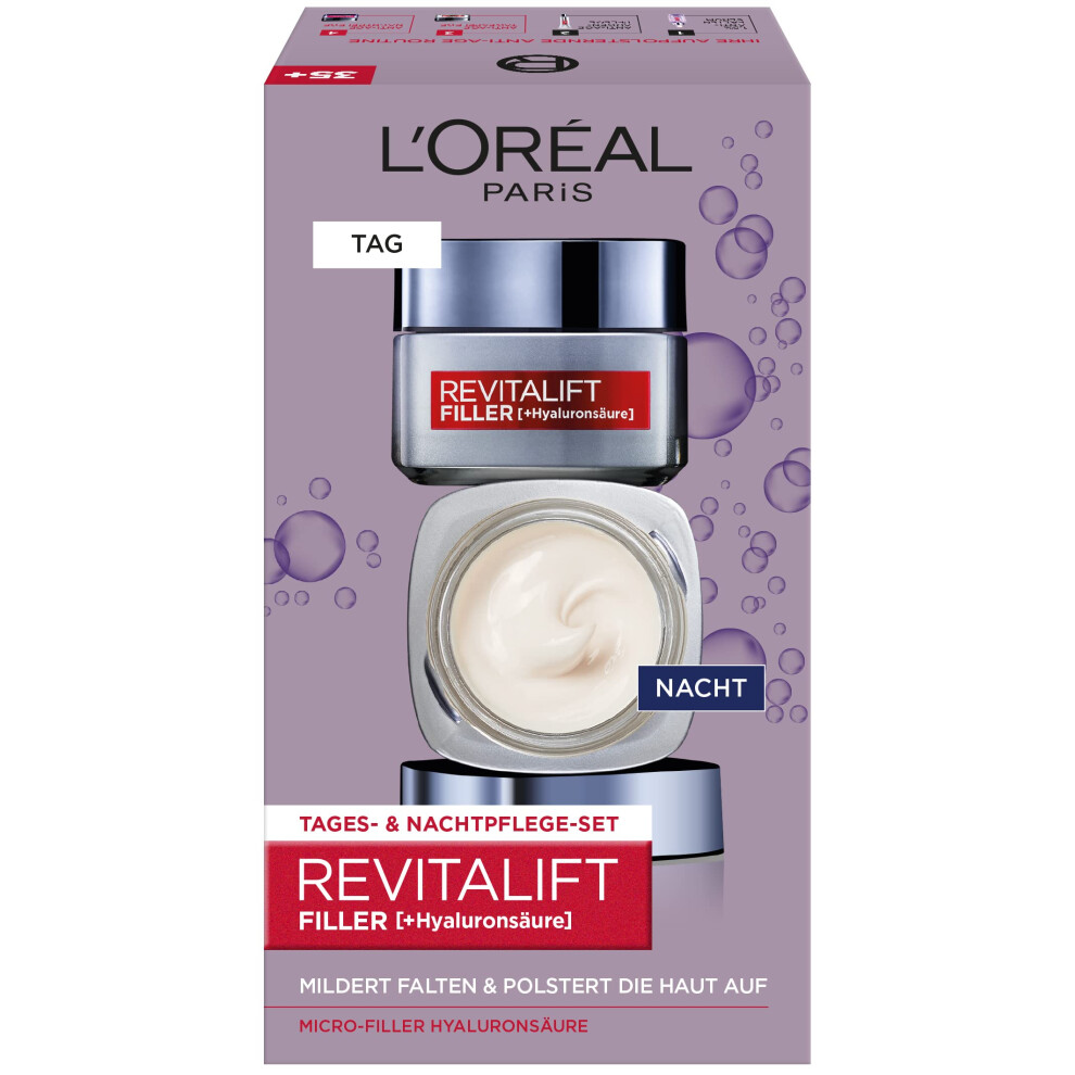 L'Or?al Paris Facial Care Set, Anti-Ageing Hyaluronic Day Cream and Night Cream Against Wrinkles, with Micro-Filler Hyaluronic Acid, Revitalift
