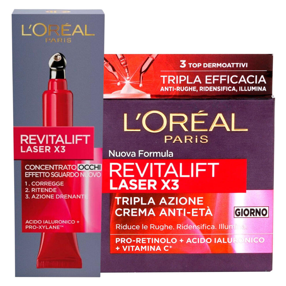 L'Or?al Paris Revitalift Day Cream Laser X3 Anti-Wrinkle Action 50ml + Revitalift Eye Contour Laser X3 Anti-Age 15ml - 2 Treatments with Hyaluronic
