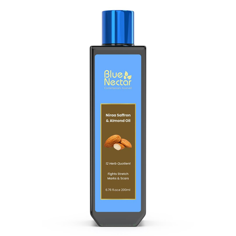 Blue Nectar Saffron & Almond Oil, Ayurveda Product For Crepey Skin | Skin Firming Body Oil For Stretch Marks (12 Herbs, 200Ml
