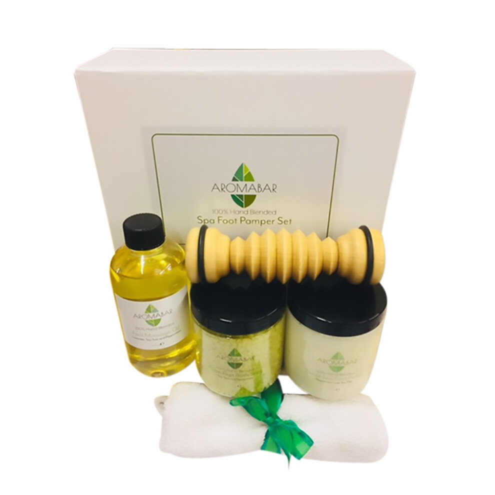 Aromabar Lavender Spa Foot Pamper Gift Set Includes Foot Massage Oil, Fresh Feet Salts Soak, Dead Sea Scrub & Wooden Foot Roller Massager