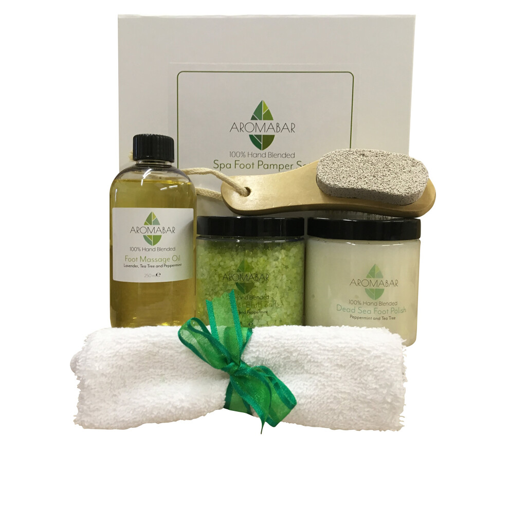 Aromabar Lavender Spa Foot Pamper Kit Includes Foot Massage Oil, Fresh Feet Salts Soak, Dead Sea Scrub & Wooden Foot Massager