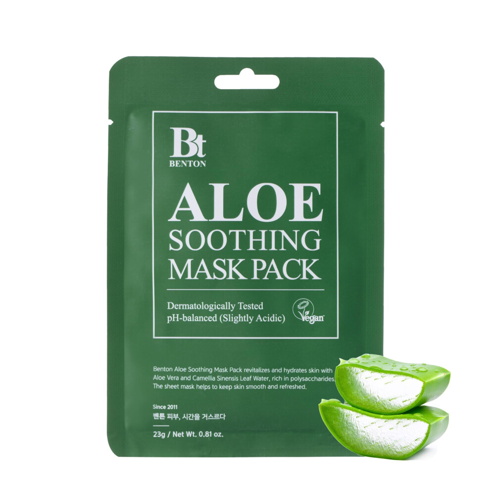 Benton Green Aloe Soothing Mask Pack 23G 10 Pack - Aloe & Tea Leaf Water Contained Hydrating And Cooling Facial Mask Sheet, Fresh Moisturizing And