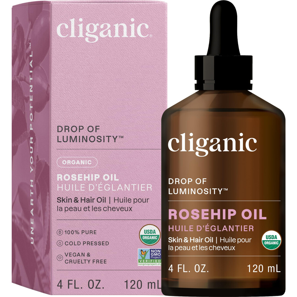 Cliganic Usda Organic Rosehip Oil For Face, 100% Pure | Natural Cold Pressed Unrefined, Carrier Seed Oil For Skin, Hair & Nails | Certified Organic (120Ml) |