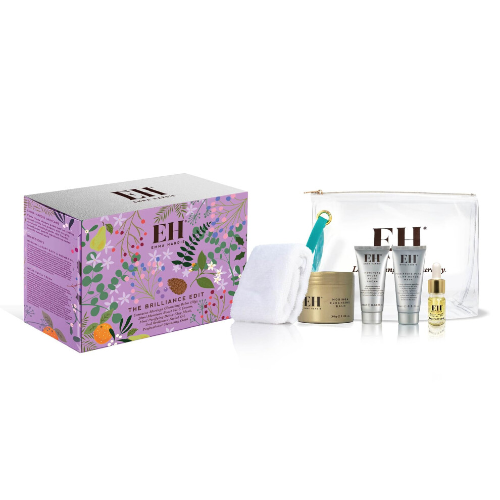 Emma Hardie The Brilliance Edit Gift Set, Featuring 4 Luxurious Skin Care Products & a Cleansing Cloth, Packed in a Convenient Cosmetic Bag, Perfect