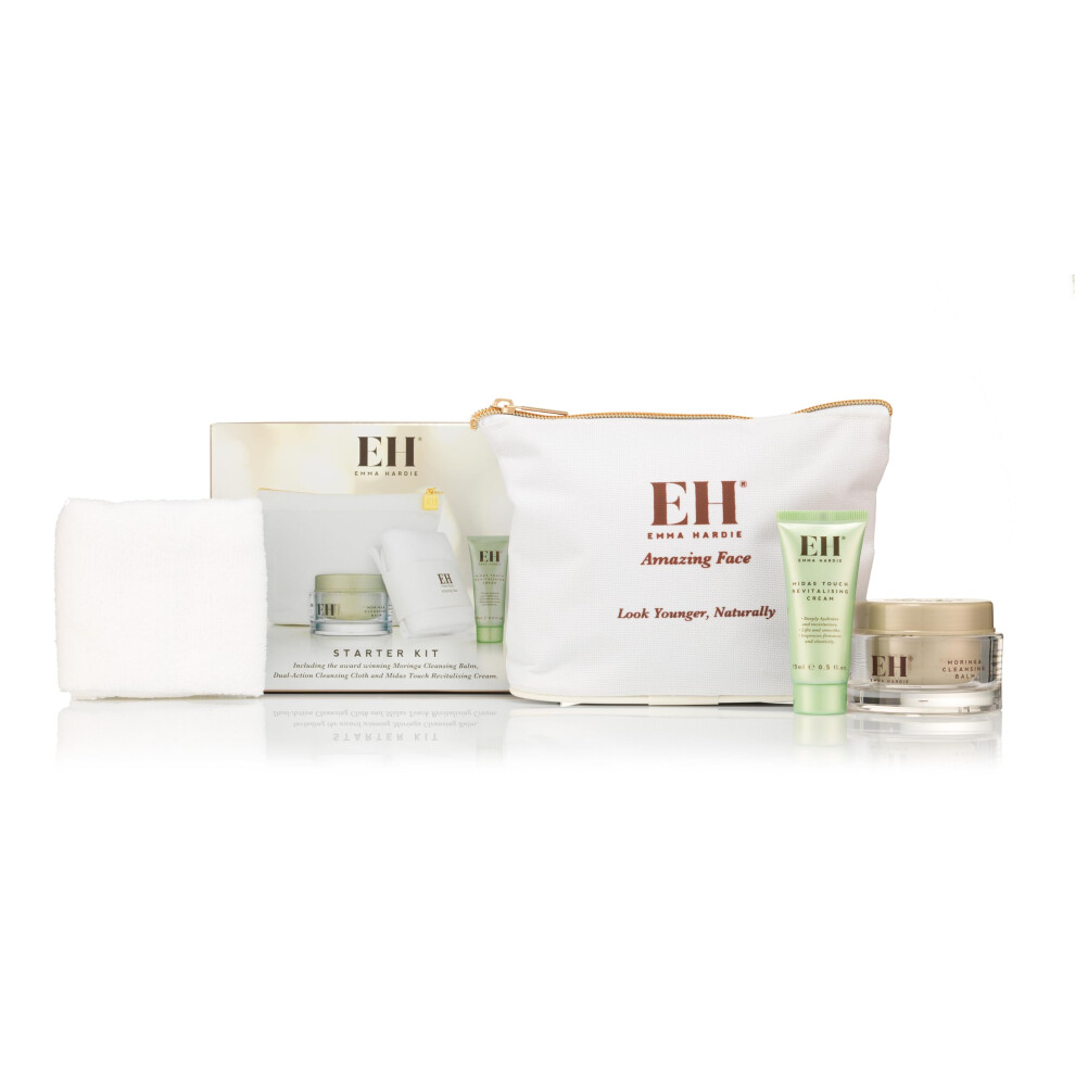Emma Hardie Starter Kit: Travel Size 50ml Moringa Cleansing Balm, Travel Size 15ml Midas Touch Revitalising Cream & Professional Cleansing Cloth,