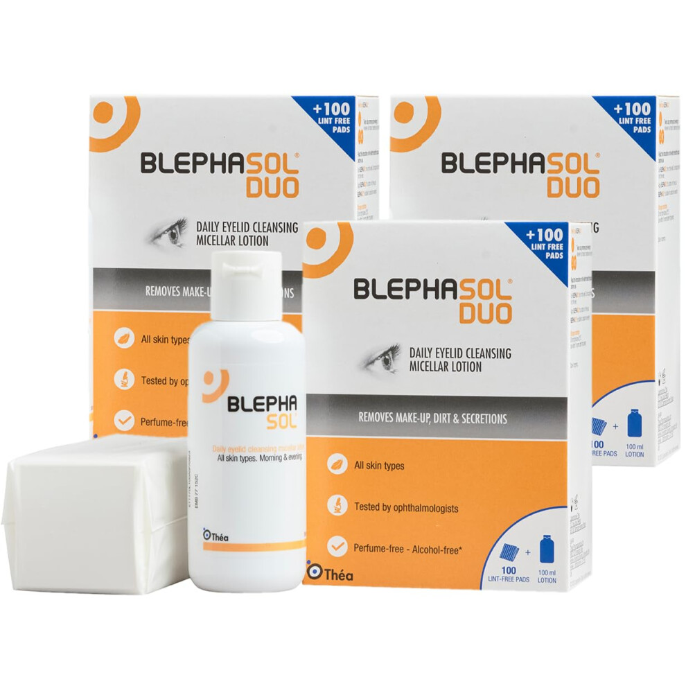 3 x Blephasol Duo 100 ml Micellar Eyelid Cleansing Lotion with 100 Lint-Free Pads | Effective and Gentle Cleansing for Make-Up Removal, Inflamed and