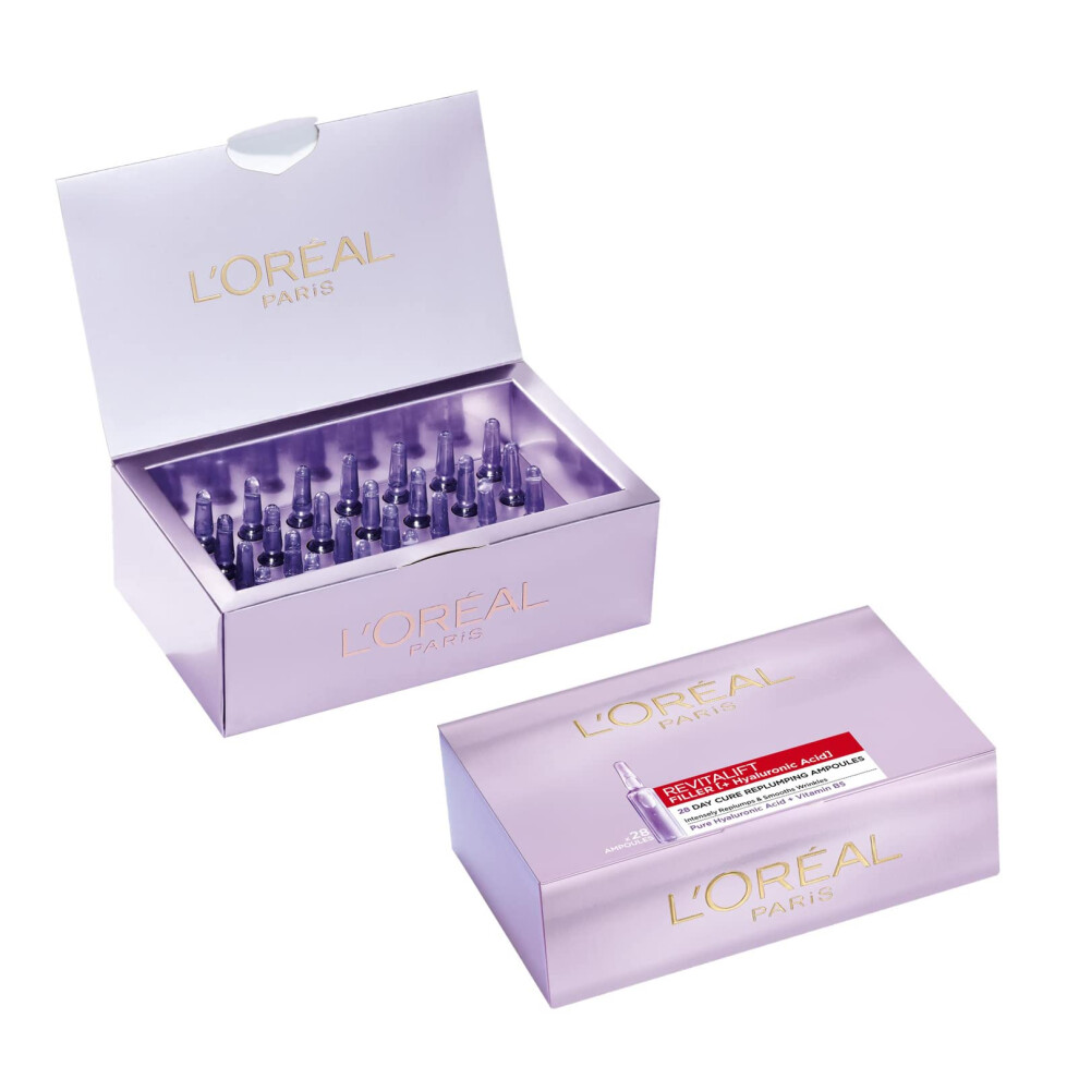 L'Oreal Paris Revitalift Filler Hyaluronic Acid Ampoules Bumper Pack of Concentrated Serum to Transform Skin, Purple, 1.3 ml (Pack of 28)
