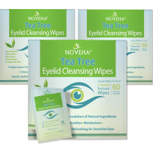NOVEHA Tea Tree Oil Eyelid & Lash Wipes With Hyaluronic Acid, Green Tea & Chamomile For Blepharitis & Itchy Eyes, Individually Wrapped Eyelash Wipes