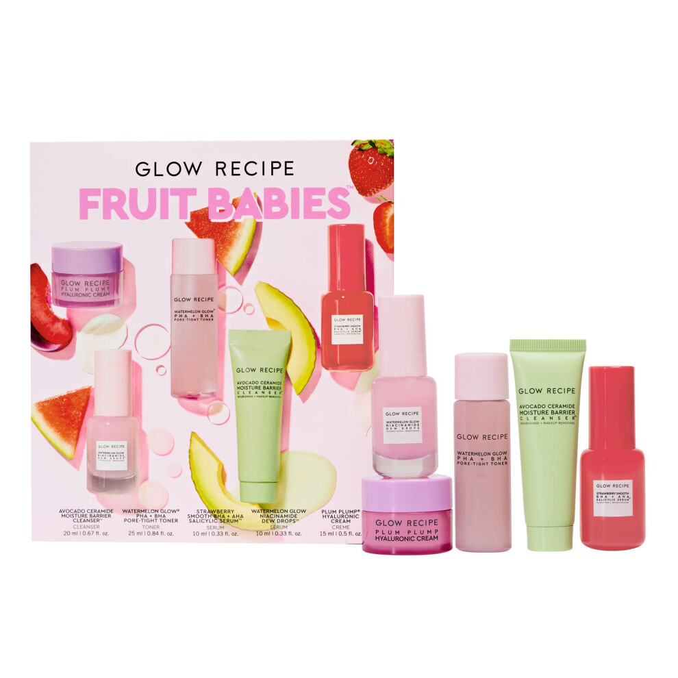 Glow Recipe - Fruit Babies s Kit Mini Travel Size Beauty Essentials Avocado Foam Cleanser, Niacinamide Dew Drops Serum, Pore-Tight Toner, Salicylic