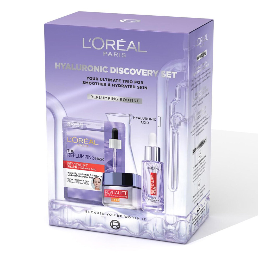 LâOrã©Al Paris Cream L'or?Al Paris Hyaluronic Discovery Set Gift Set - Revitalift Filler 1.5% Hyaluronic Acid Serum, Day And Replumping Tissue Mask