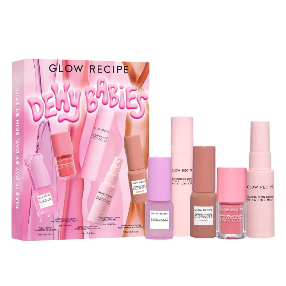 Glow Recipe Dewy Babies Travel Skincare Set - Plum Plump Hyaluronic Acid Serum + Dewy Flush Tinted Blush Drops + Pink Juice Face Moisturizer +