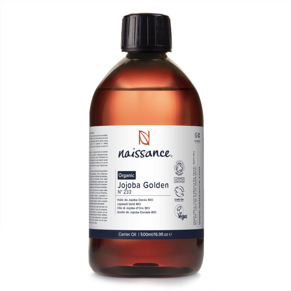 Naissance Golden Organic Jojoba Oil 500Ml - Pure And Natural, Certified Organic, Unrefined, Vegan, Hexane Free, No Gmo - Ideal For Aromatherapy And As