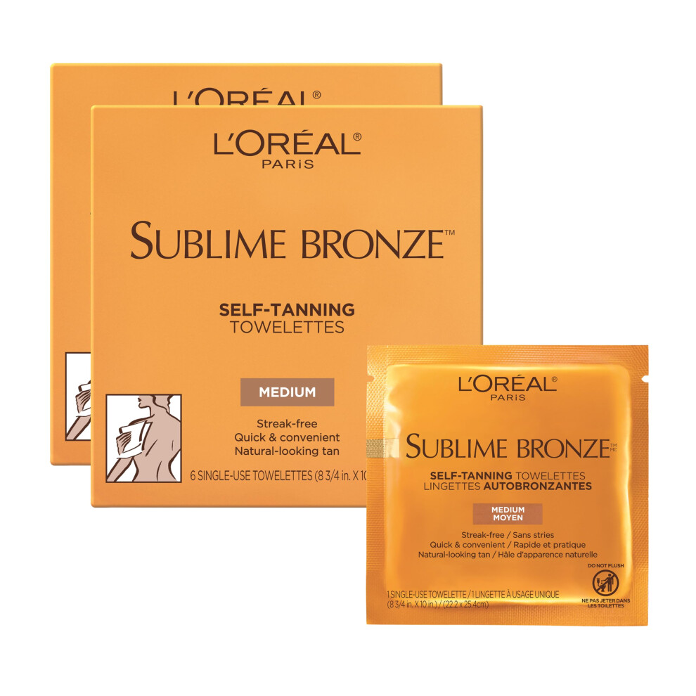 L'Or?al Paris Skincare Sublime Bronze Sunless Tanning Towelettes, Fast-Drying, Streak-Free Self Tanner, 6 ct.