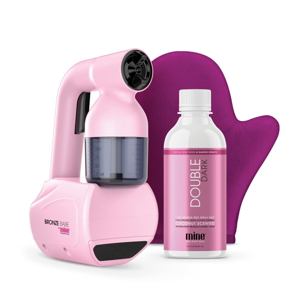 MineTan Personal Spray Tan Machine | Pink At Home Tanning Kit - Lightweight, Handheld Portable Self Tanner, with 8oz Double Dark Profressional Mist &