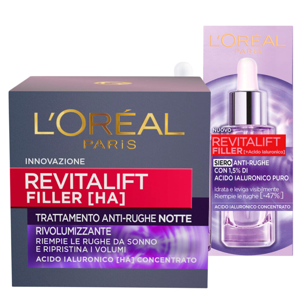 L'Or?al Paris Revitalift Filler Facial Serum Plumping Action + Revitalift Filler Anti-Wrinkle Volumizing Night Facial Treatment Cream - 2 Treatments