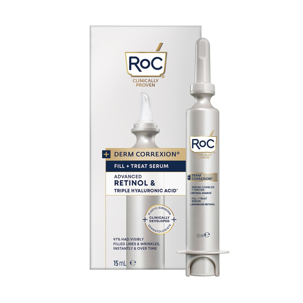 Roc Derm Correxion Serum Fill + Treat For Face, Neck, & Jawline, Wrinkle Filler, Advanced Retinol & Triple Hyaluronic Acid - 15Ml