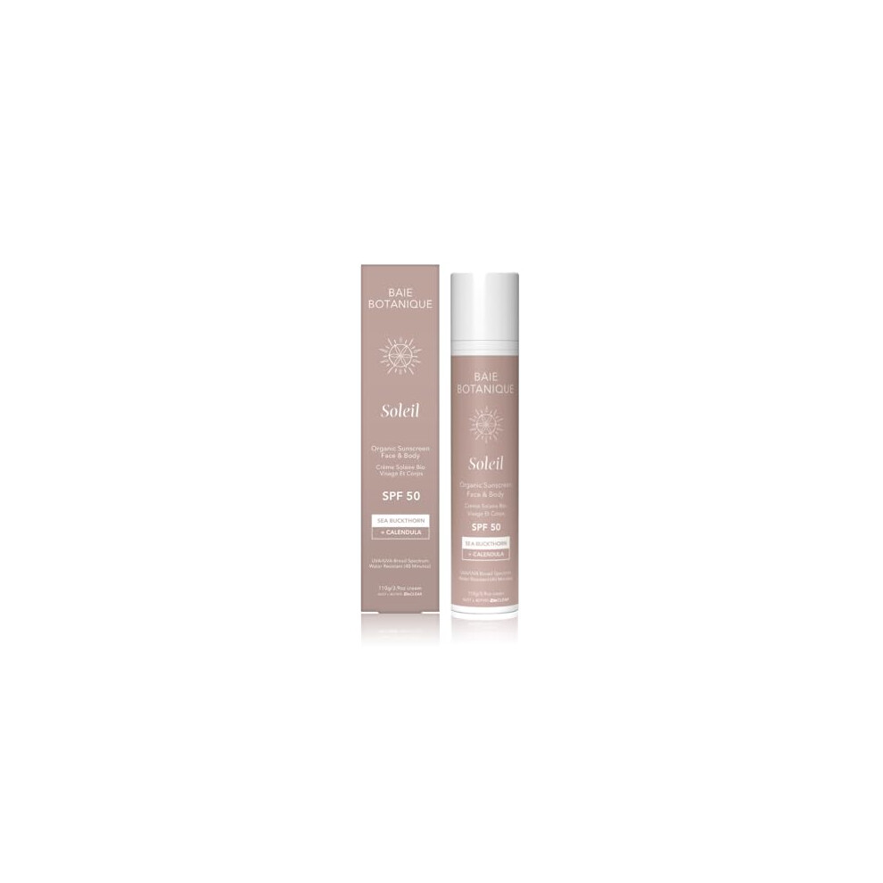 Baie Botanique White Soleil - Organic Mineral Non Toxic Sunscreen For Face And Body Spf 50 - Sea Buckthorn & Calendula - Natural - Vegan - No Cast