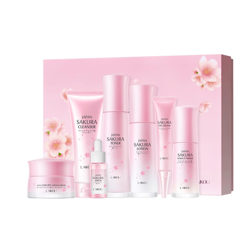 Laikou Japan Sakura Skincare Set, Luxury Facial Kit For Women Teenage Girls, Moisturizing & Anti Aging Skincare Gift Set - Cleanser, Toner, Lotion,