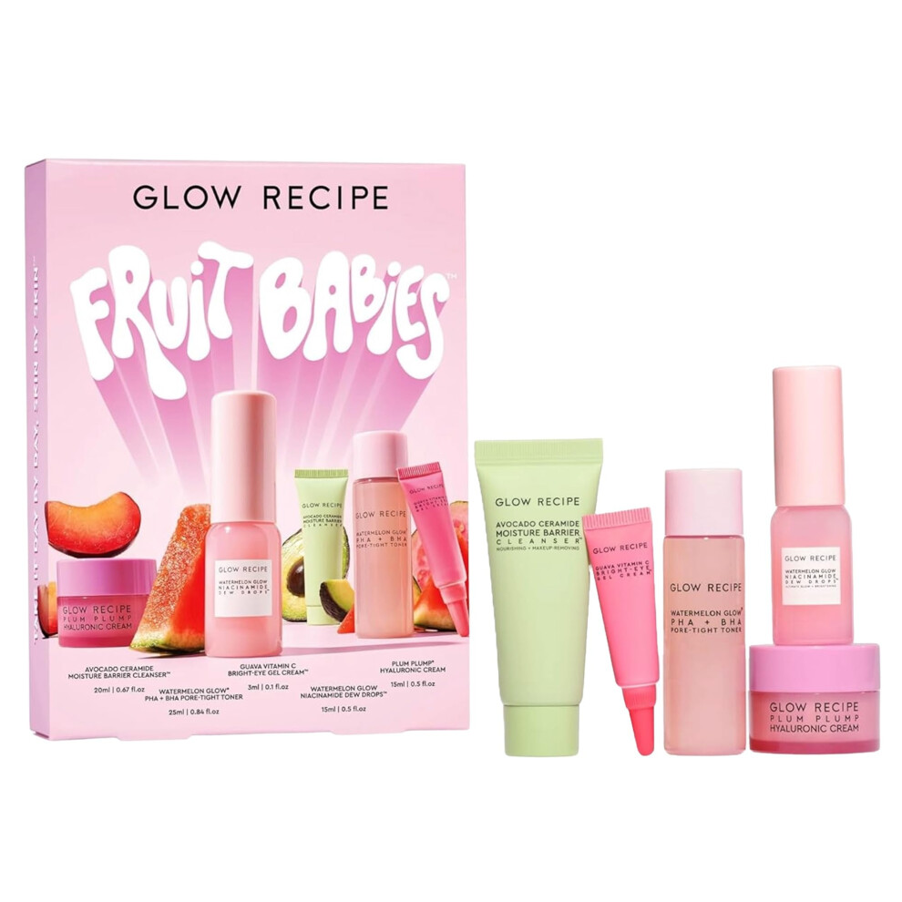 Glow Recipe Fruit Babies Skincare Kit - Gift Set with Ceramide Facial Cleanser, BHA Toner, Vitamin C Eye Cream, Hyaluronic Acid Cream & Niacinamide