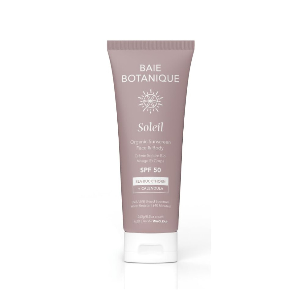 Baie Botanique White Soleil - Organic Mineral Non Toxic Sunscreen - Face And Body Sunscreen Tube Spf 50 Sea Buckthorn & Calendula Natural Vegan No