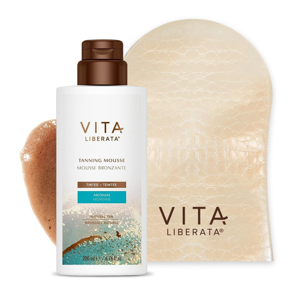 Vita Liberata , Tinted Tanning Mousse Medium 200Ml & Mitt Bundle, Fast Drying Formula, Tinted For Even & Streak-Free Application, Natural & Organic