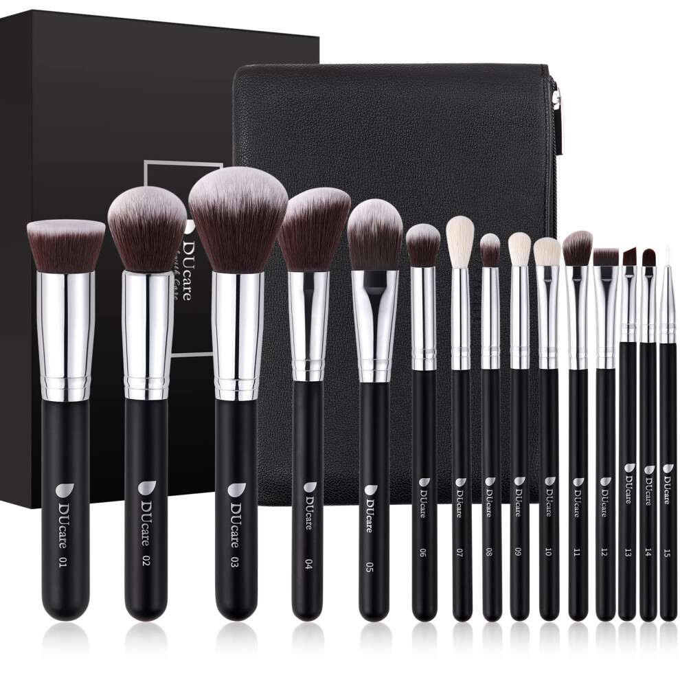 Ducare Makeup Brushes 15Pcs Professional Cosmetic Brushes Foundation Powder Contour Blush Cosmetic Eye Brush Sets With Luxury Cosmetic Bag