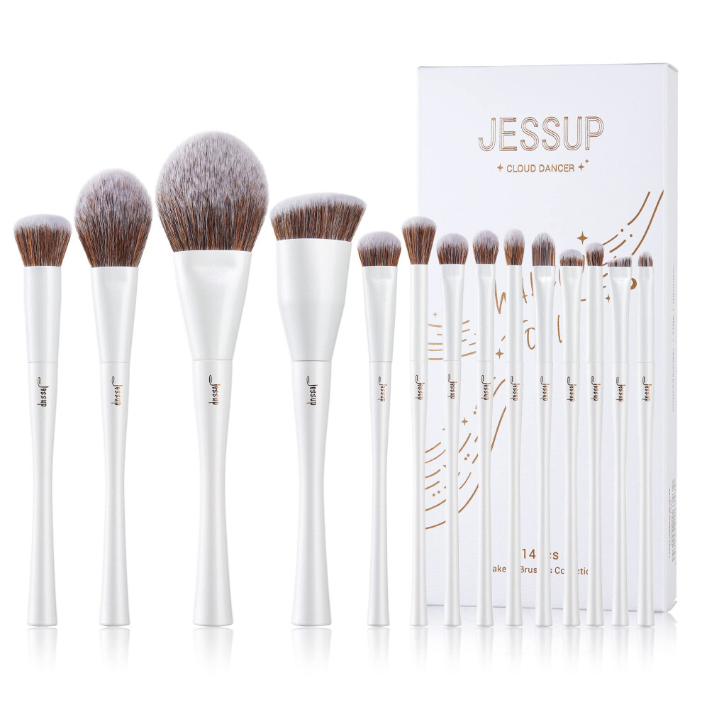Jessup White Makeup Brushes Set 14Pcs Make Up Brushes Premium Synthetic Foundation Concealer Blush Contour Powder Eye Shadow Blending Brush, Pearl
