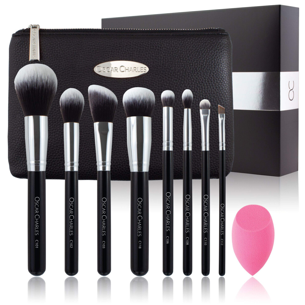 Oscar Charles 8-Piece Professional Makeup Brush Set With Beauty Sponge And Luxury Clutch Cosmetic Bag And Beautiful Gift Box - Silver