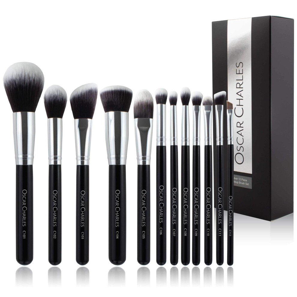 Oscar Charles Silver Makeup Brush Set, 12 Piece Makeup Brushes Set Professional, Six Face Make Up Brushes & Six Eye Makeup Brushes Set
