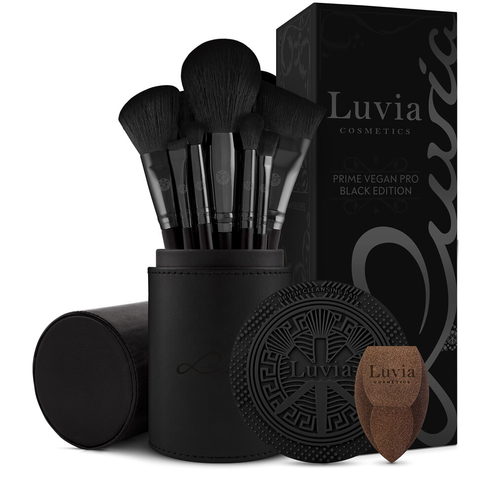 Luvia Cosmetics Black Luvia Prime Vegan Pro Make-Up Brush Set, 12 Makeup Brushes Including Brush Storage, Blender Sponge & Cleaning Mat For Cosmetic Brushes, &