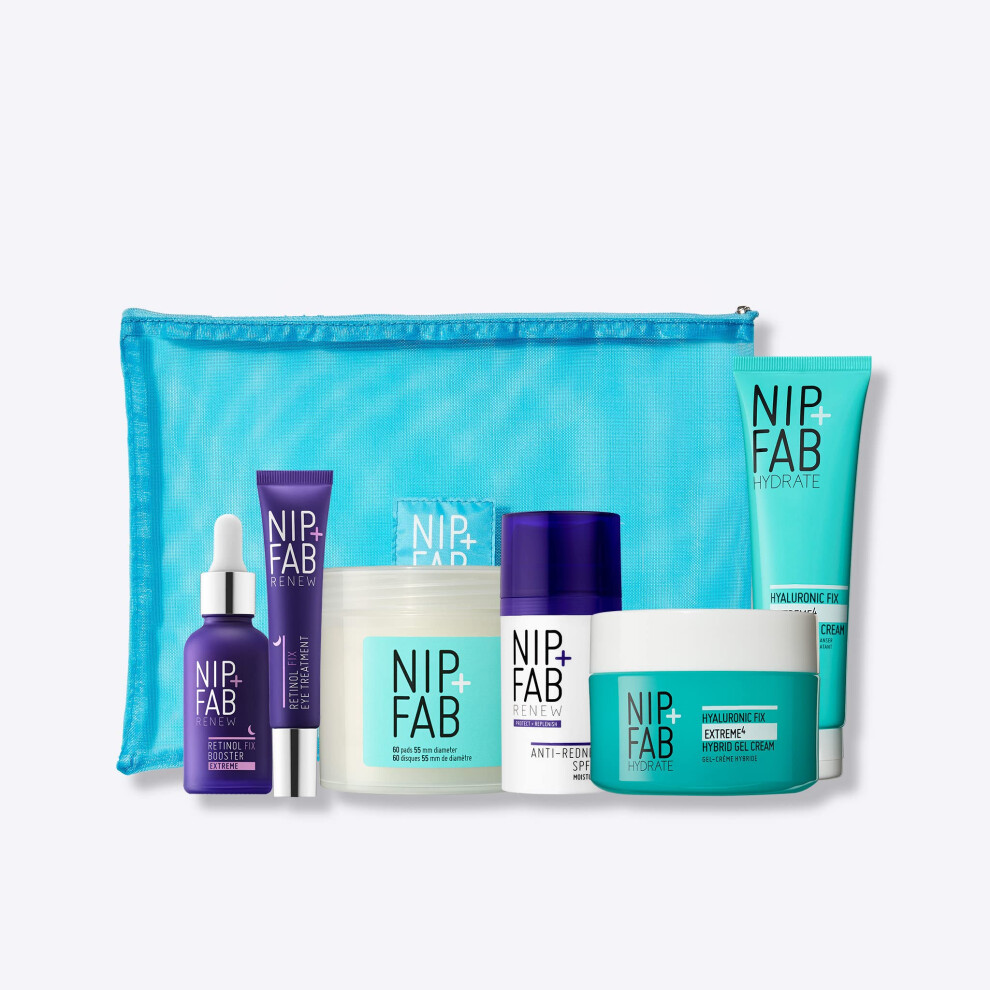 Nip + Fab Renew & Hydrate Gift Set | Firm, Tone and Reduce Fine Lines with Retinol | Retinol Booster, Eye Drops | Hyaluronic Pads, Cream