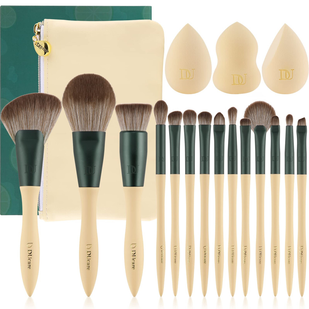Ducare Green Makeup Brush Set 14Pcs With 3Pcs Makeup Sponge - Lime Series Professional Makeup Brushes Kabuki Foundation Blending Brush Face Powder Blush