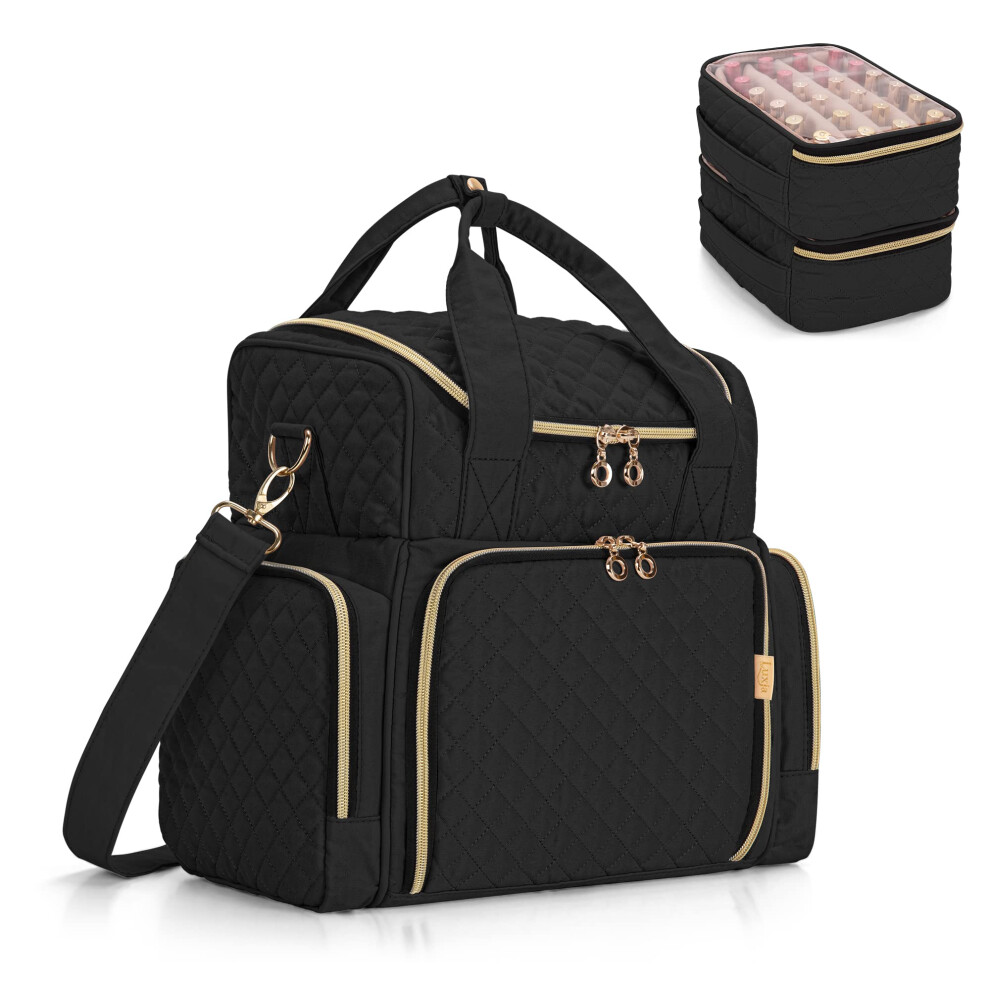Luxja Black Nail Polish Organiser Hold 48 Bottles And A Nail Lamp, Nail Polish Case With 2 Removable Bags And Tools Storage Pockets (Patented Design),
