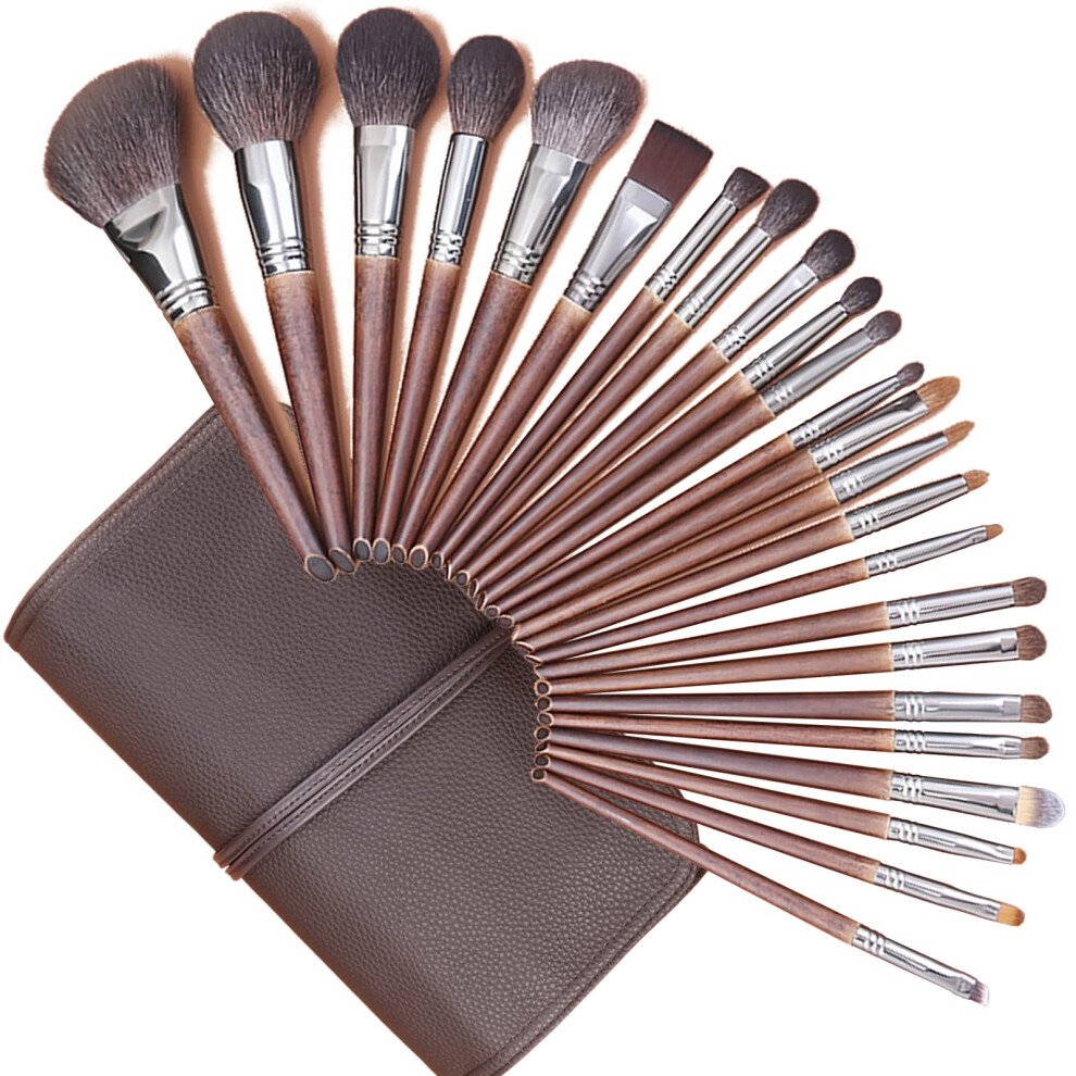 Enzo Ken Deluxe Natural Goat Hair Makeup Brush Set With Case, 24 Cosmetic Brushes Makeup Set, Wooden Natural Makeup Brushes, Natural Bristle Makeup