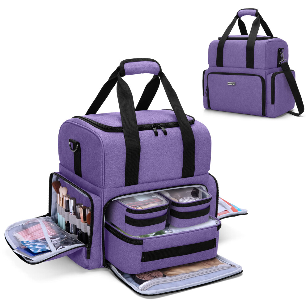Bafaso Purple 2 Layers Travel Makeup Bag With 3 Inner Removable Pouches, Cosmetic Bag With Detachable Dividers (Patented),