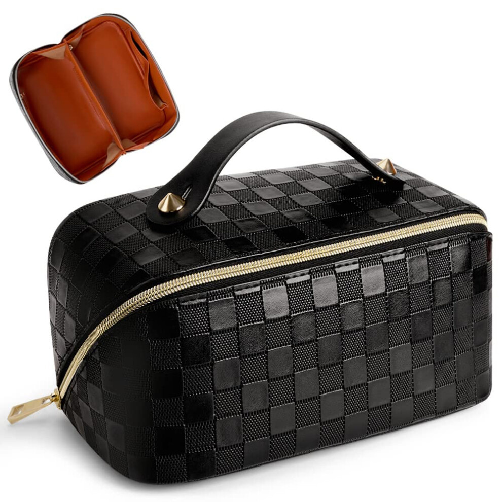 Cessfle Large Capacity Travel Cosmetic Bag Plaid Checkered Makeup Bag Portable Leather Waterproof Skincare Bag With Handle And Divider For Women?,