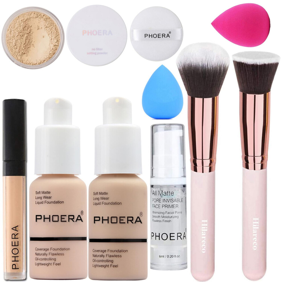 Hilareco Phoera Foundation Set, Kabuki Makeup Brushes, 2 Makeup Sponge (Porcelain + Nude)