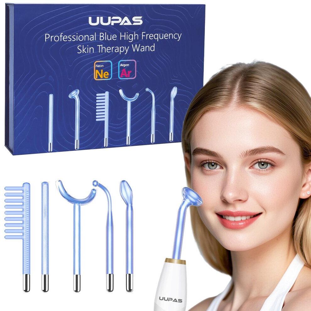 Uupas Blue/Light High Frequency Wand - 6 Argon And Neon Gas Acne Hf Facial Machine - High Frequency Skin Therapy Device For Hair Loss, Skin