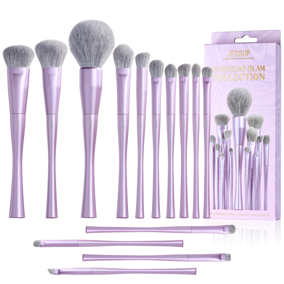 Jessup Purple Makeup Brushes Set Professional 14Pcs Vegan Make Up Brushes, Foundation Eyeshadow Concealer Contour Powder Blush Blending Eyeliner Brush,