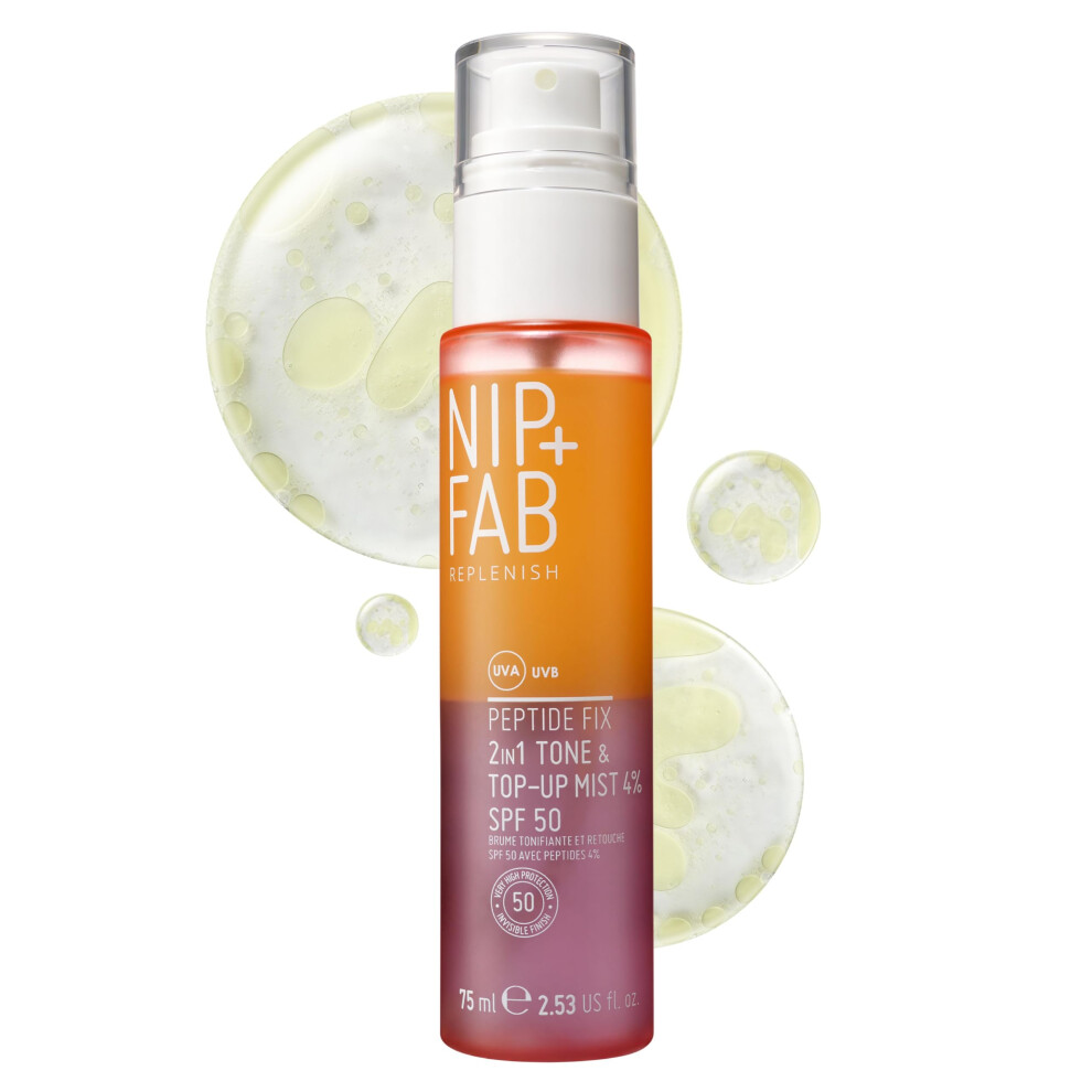 Nip+Fab Peptide Fix 2-in-1 Tone & Top-Up Mist, 4% SPF 50, Replenish and Rehydrate Your Skin, Top-Up your Sun Protection On-The-Go,Plumping, Hydrating,