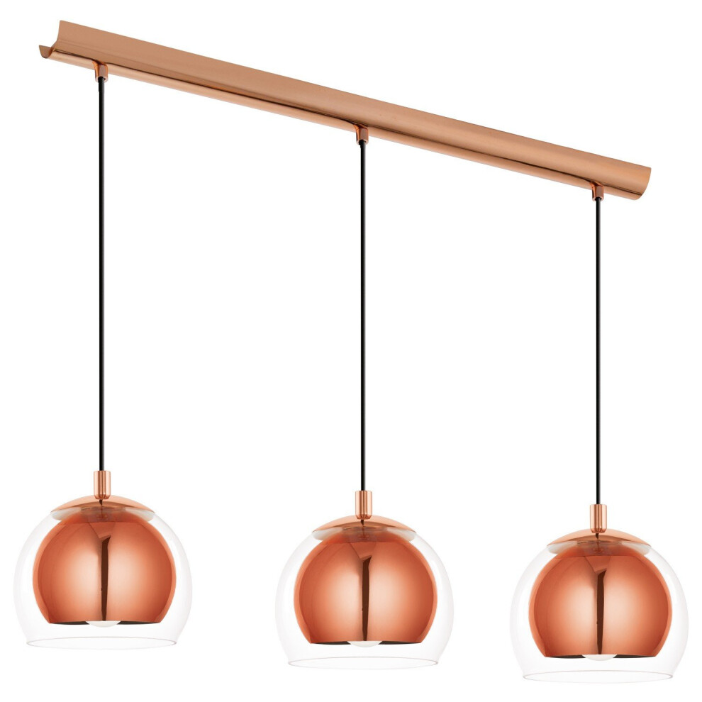EGLO Ceiling Light Fitting Rocamar with 3 lampshades, Pendant Lighting Made of Copper-Coloured Steel and Clear Glass, Hanging lamp for Dining Table