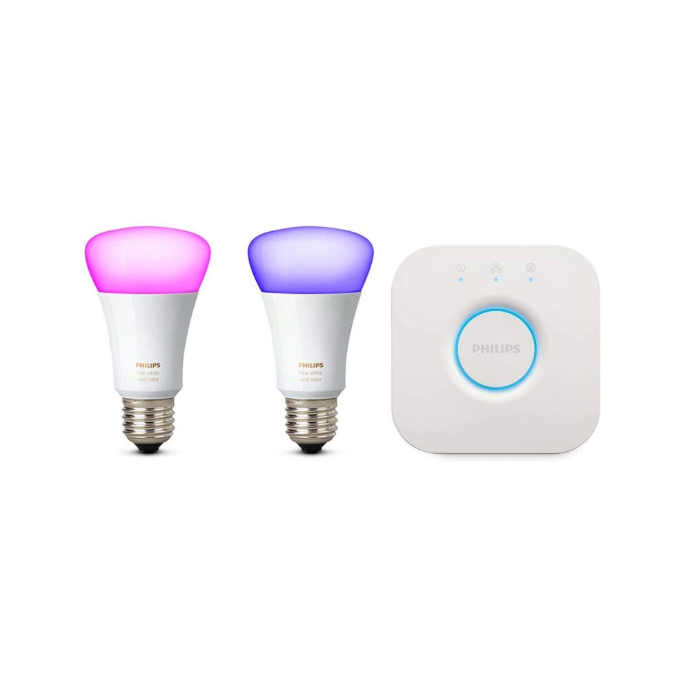 Philips Hue And Colour Ambiance Bulb Twin Pack With Bridge, E27, 10 W White